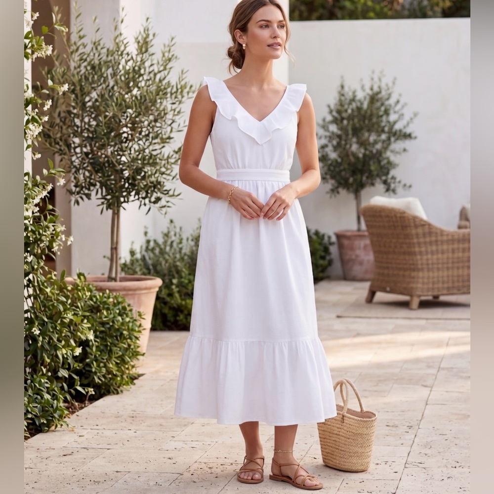 Vineyard Vines White Ruffle V-Neck Midi Dress
